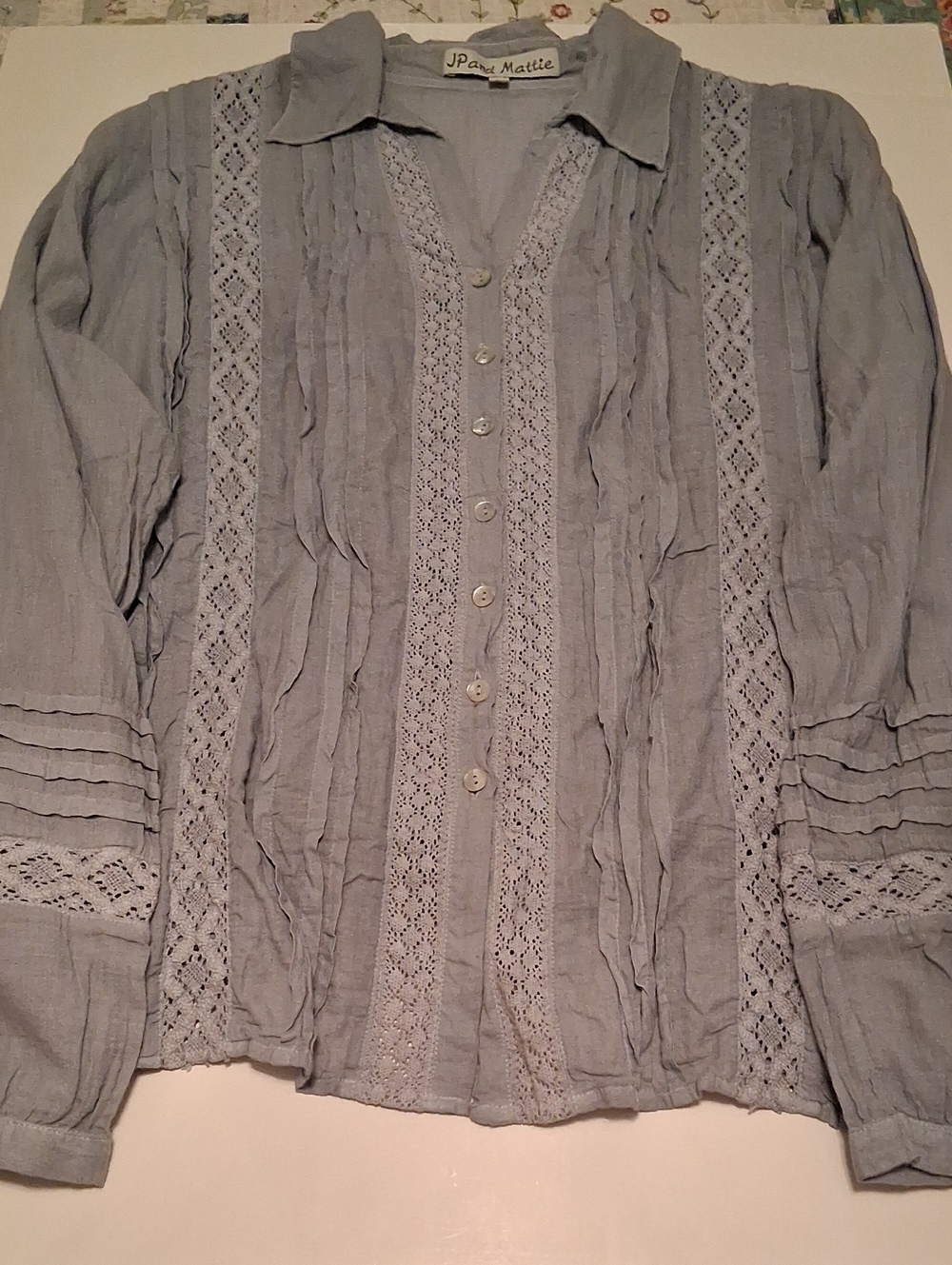 Light Blue Lace-Trim Button-Up Blouse